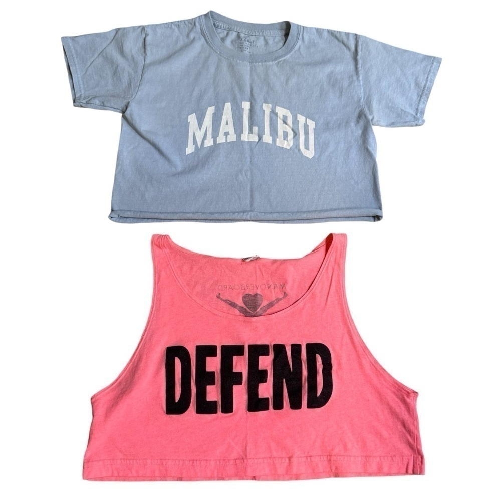 2 crop tops, short sleeved powder blue "Malibu", neon pink "Defend", one size S.